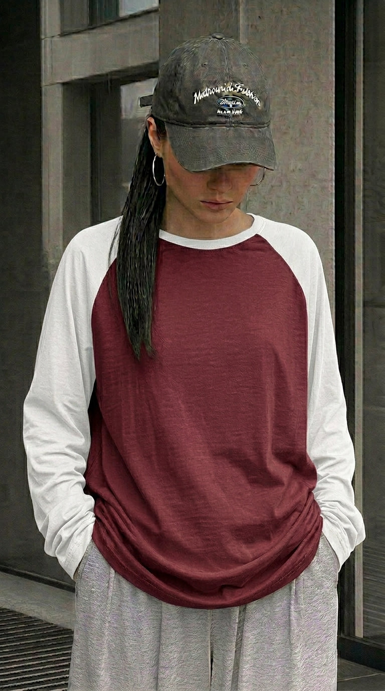 Contrast Raglan Sleeve Top | Maroon/White