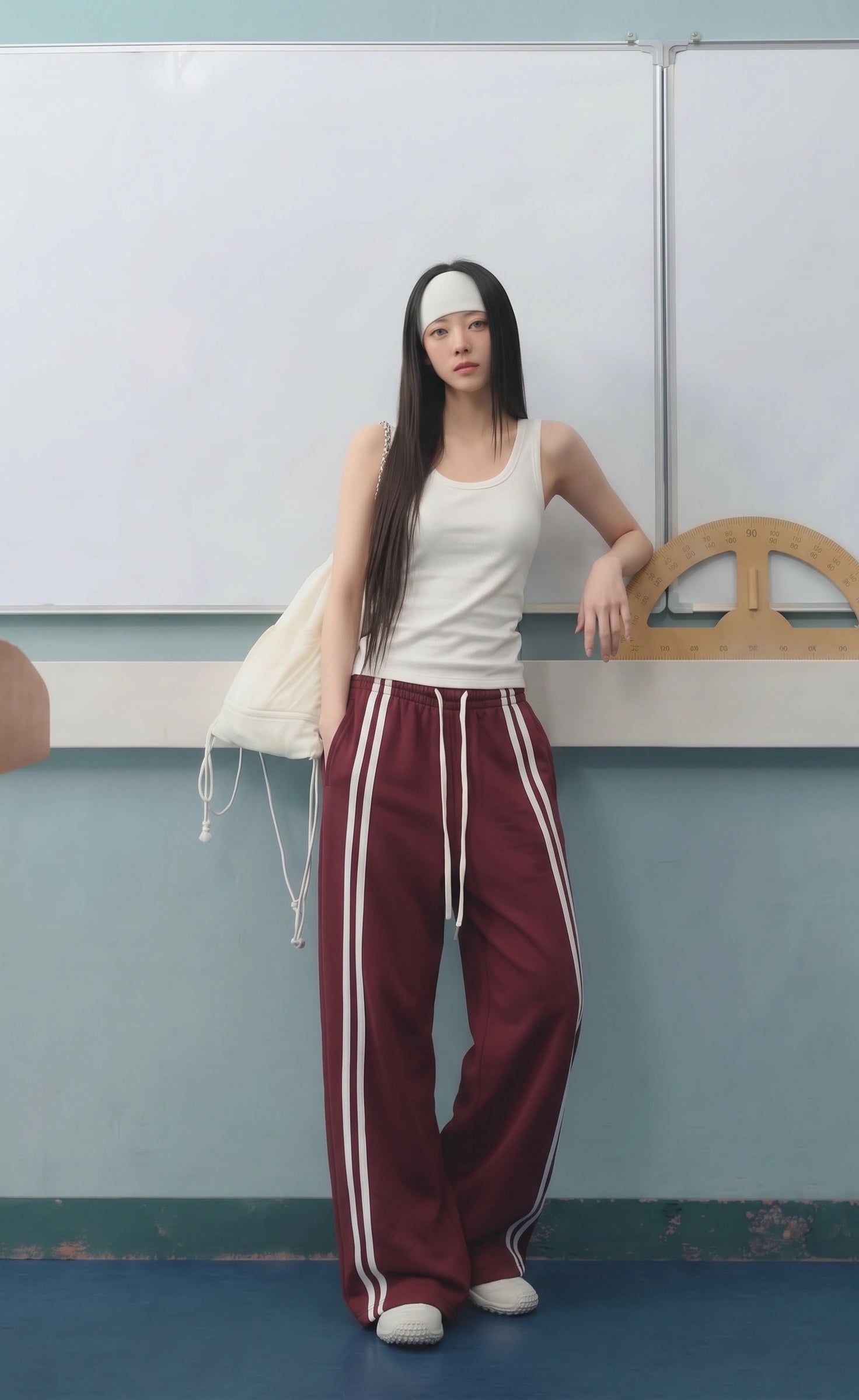 D600 Front Stripe Wide Leg Trousers | Maroon