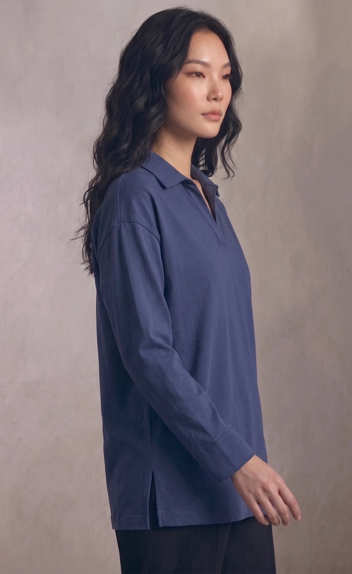 Oversized V-Neck Collar Shirt - Navy Blue