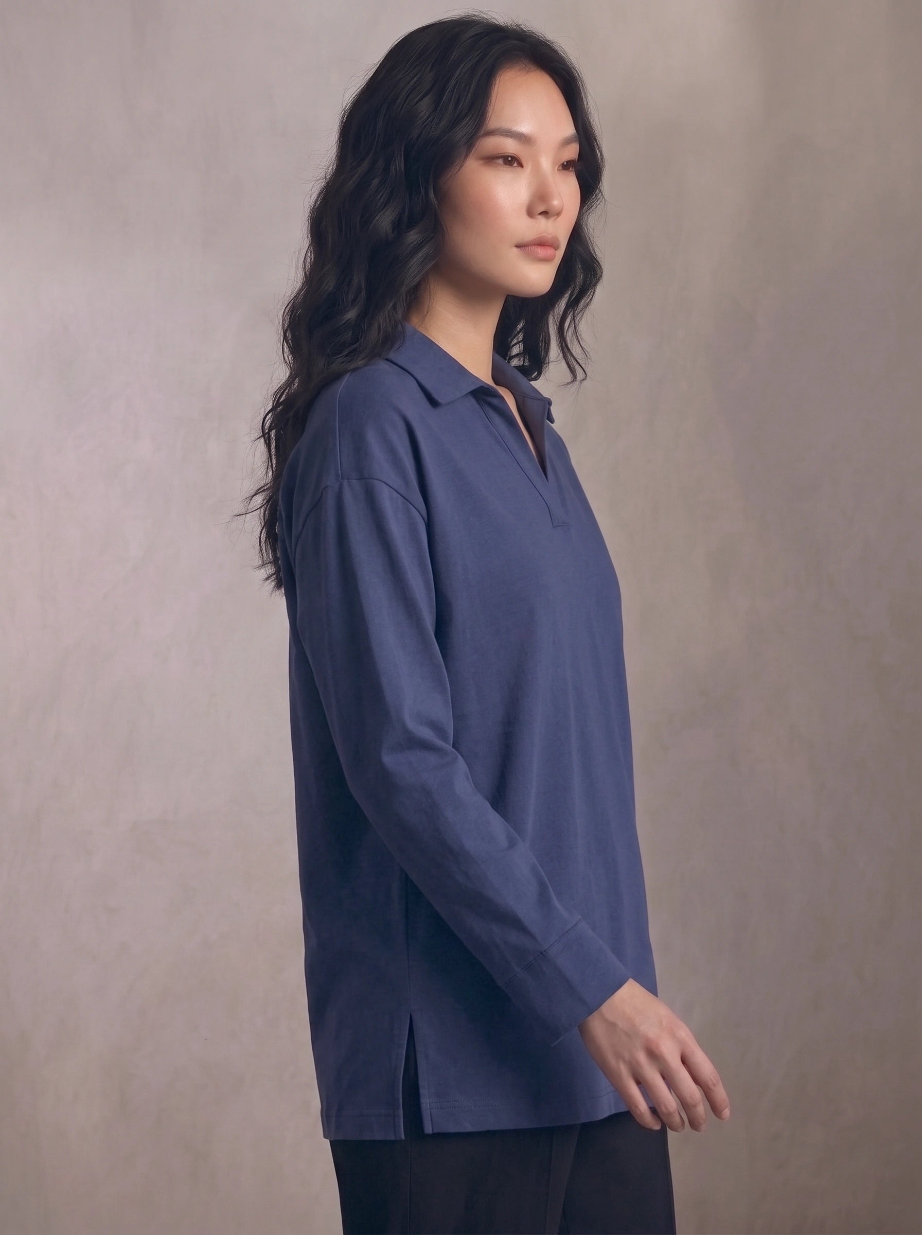 Oversized V-Neck Collar Shirt - Navy Blue