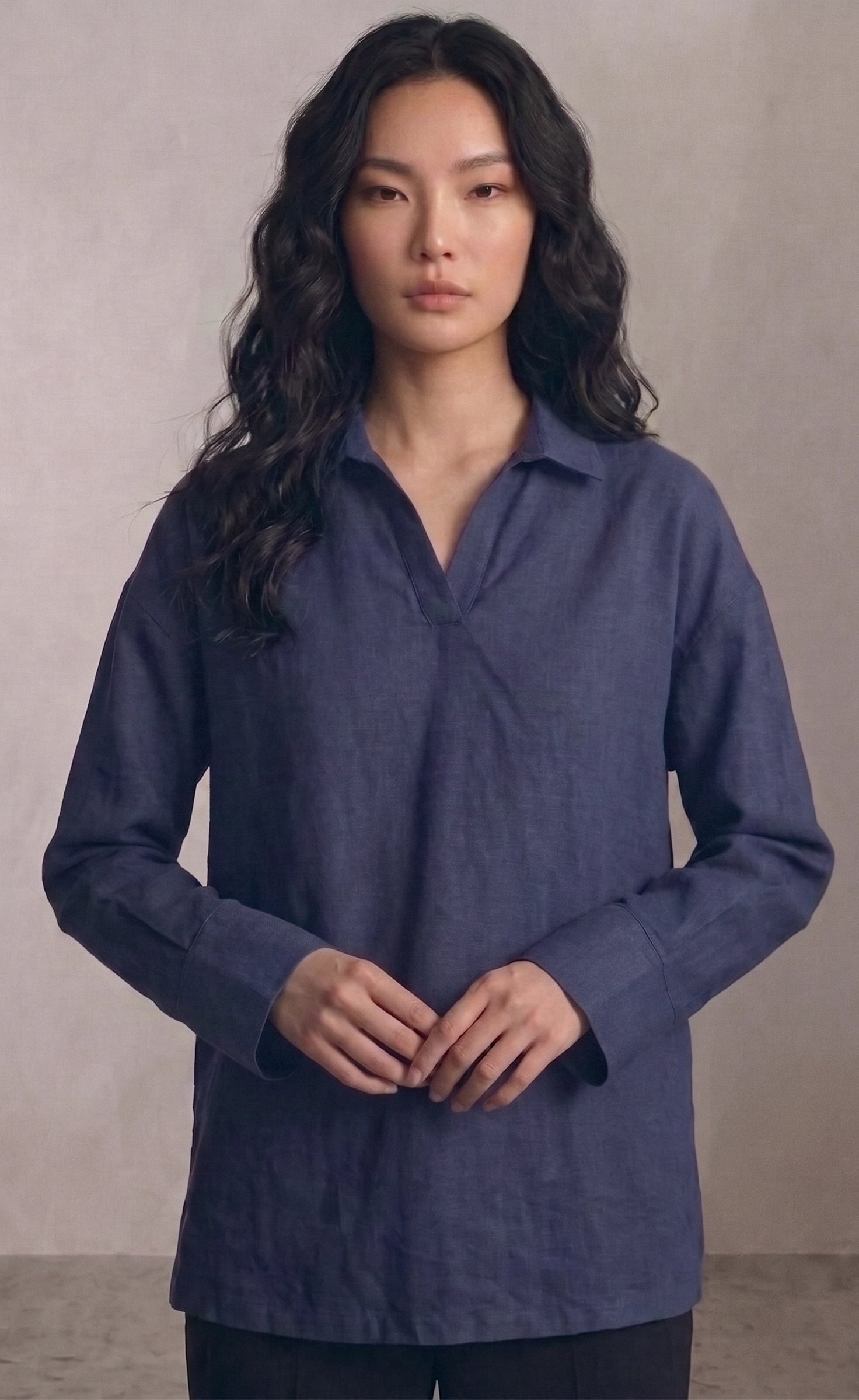 Oversized V-Neck Collar Shirt - Navy Blue
