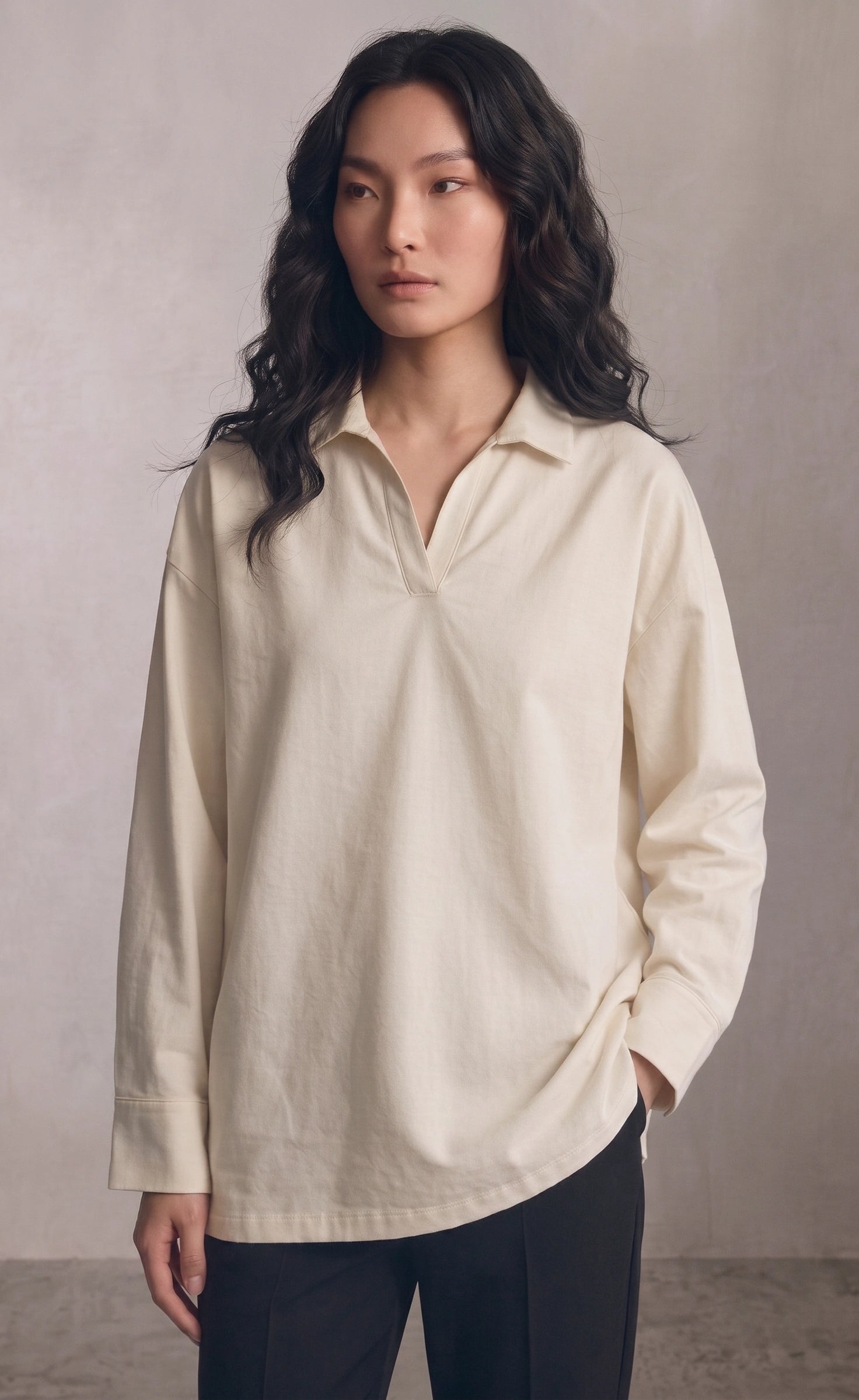 Oversized V-Neck Collar Shirt - Off White