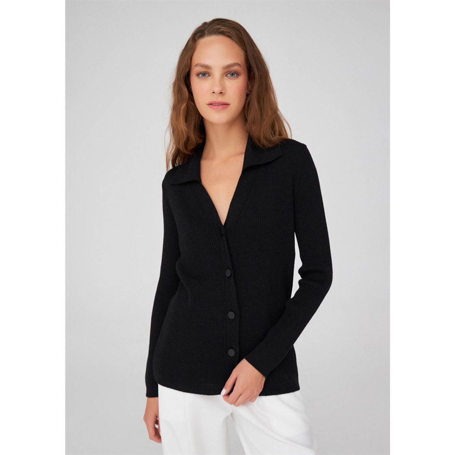 Elegant Black Ribbed Button-Down Top - Perfect For Summer