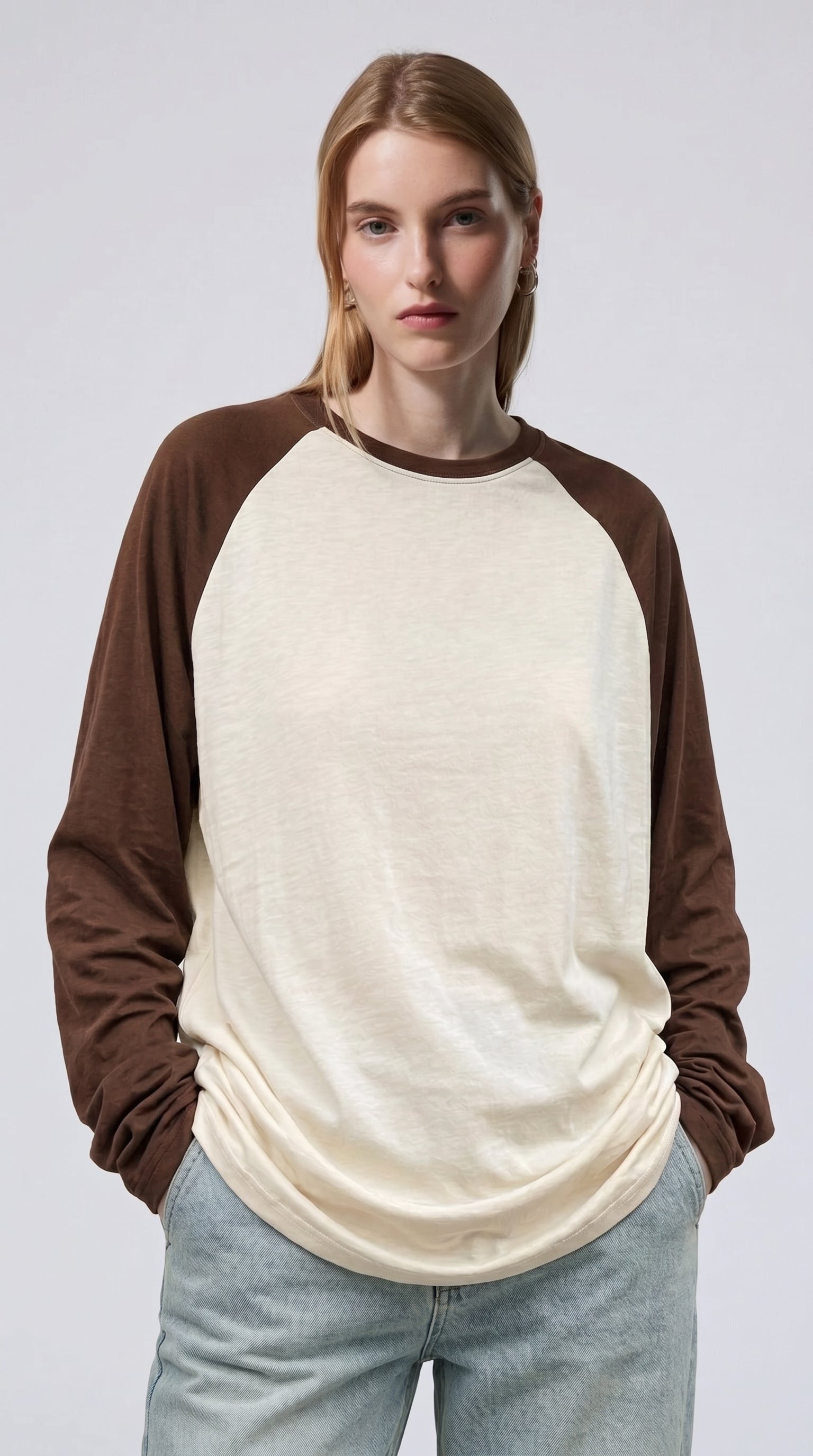 Contrast Raglan Sleeve Top | Beige/Brown