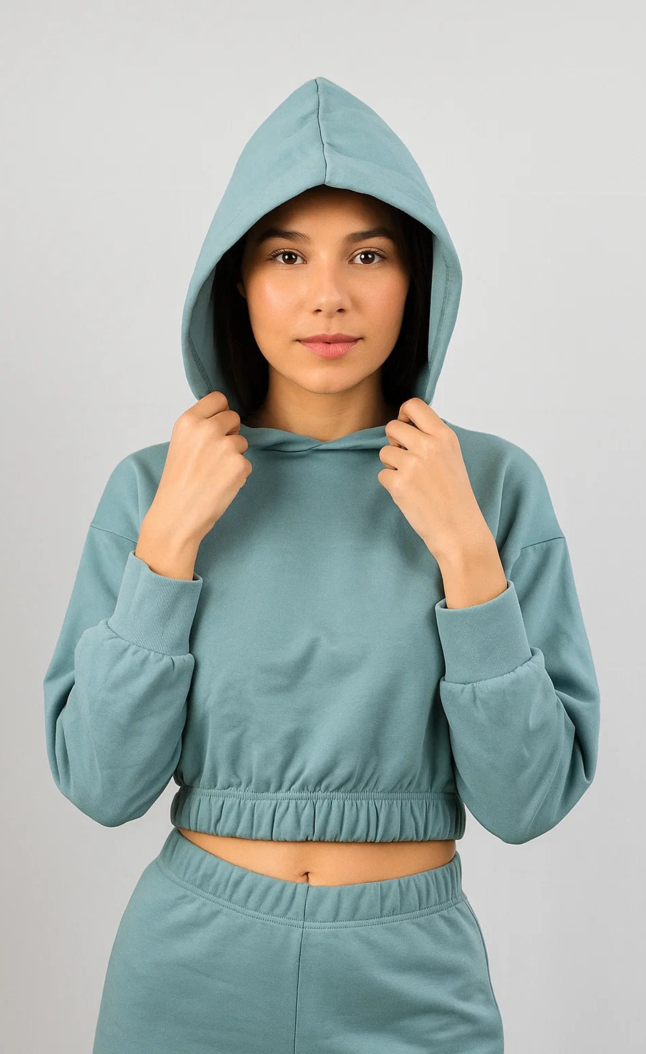 Hooded Crop Sweatshirt - Turquoise