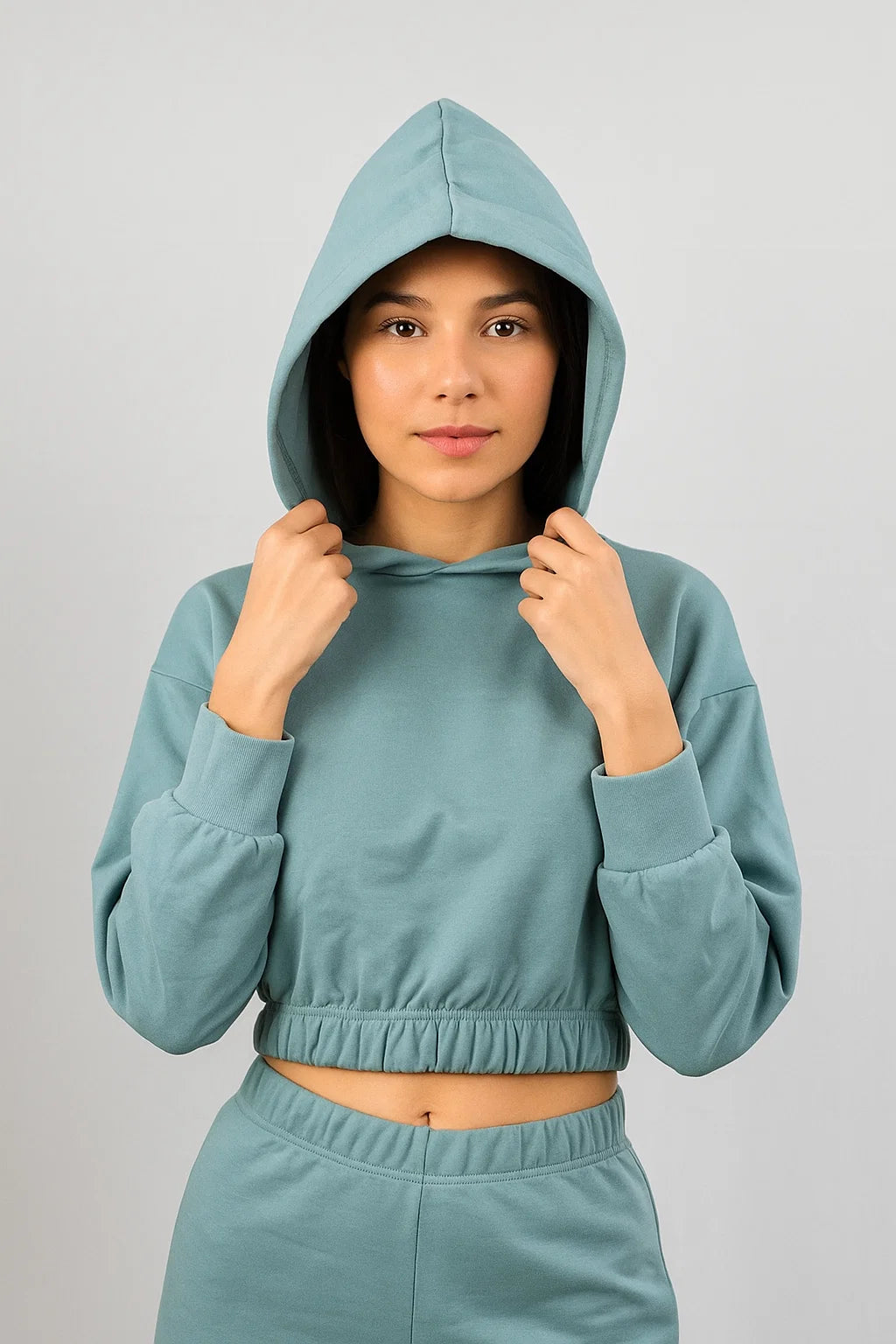 Hooded Crop Sweatshirt - Turquoise