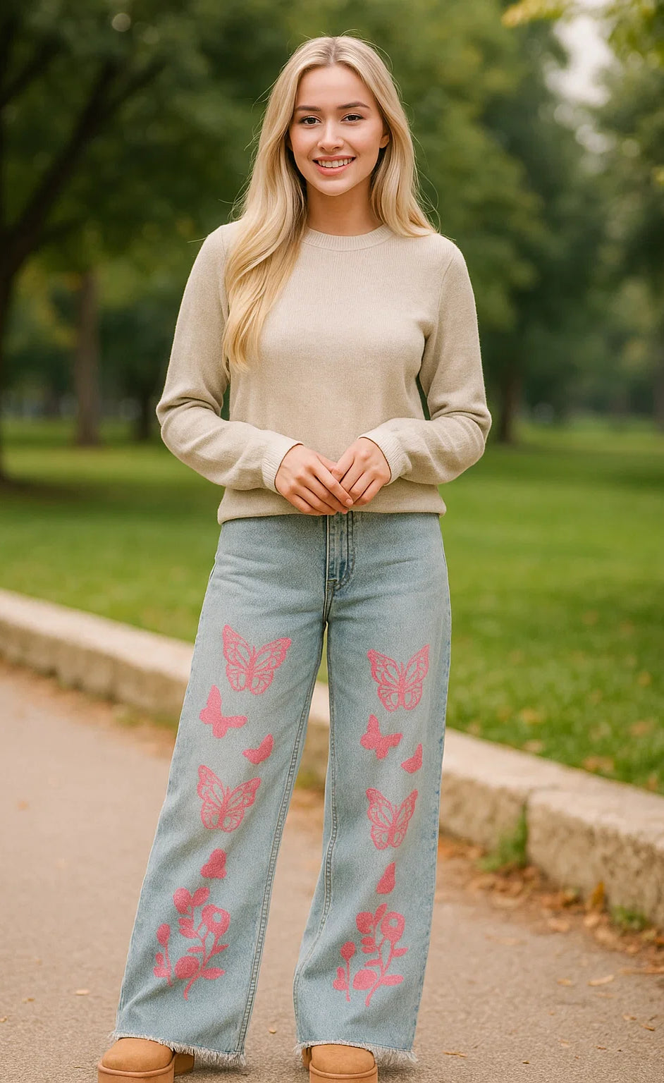 ZARA Wide-Leg Frayed Hem Jeans - Butterfly Print - Light Blue