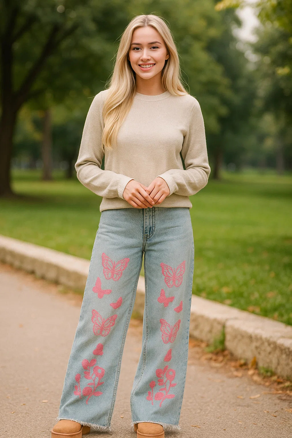 ZARA Wide-Leg Frayed Hem Jeans - Butterfly Print - Light Blue