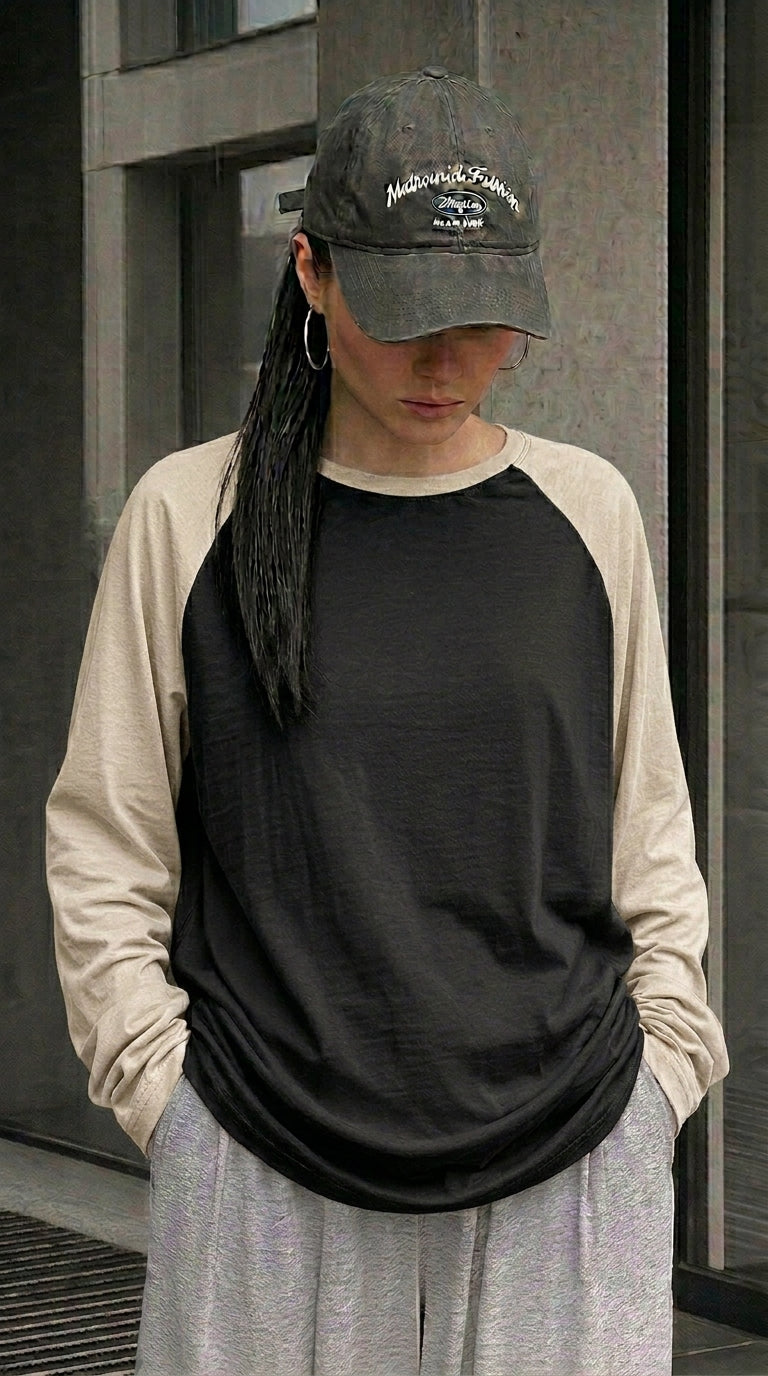 Contrast Raglan Sleeve Top | Black/Beige
