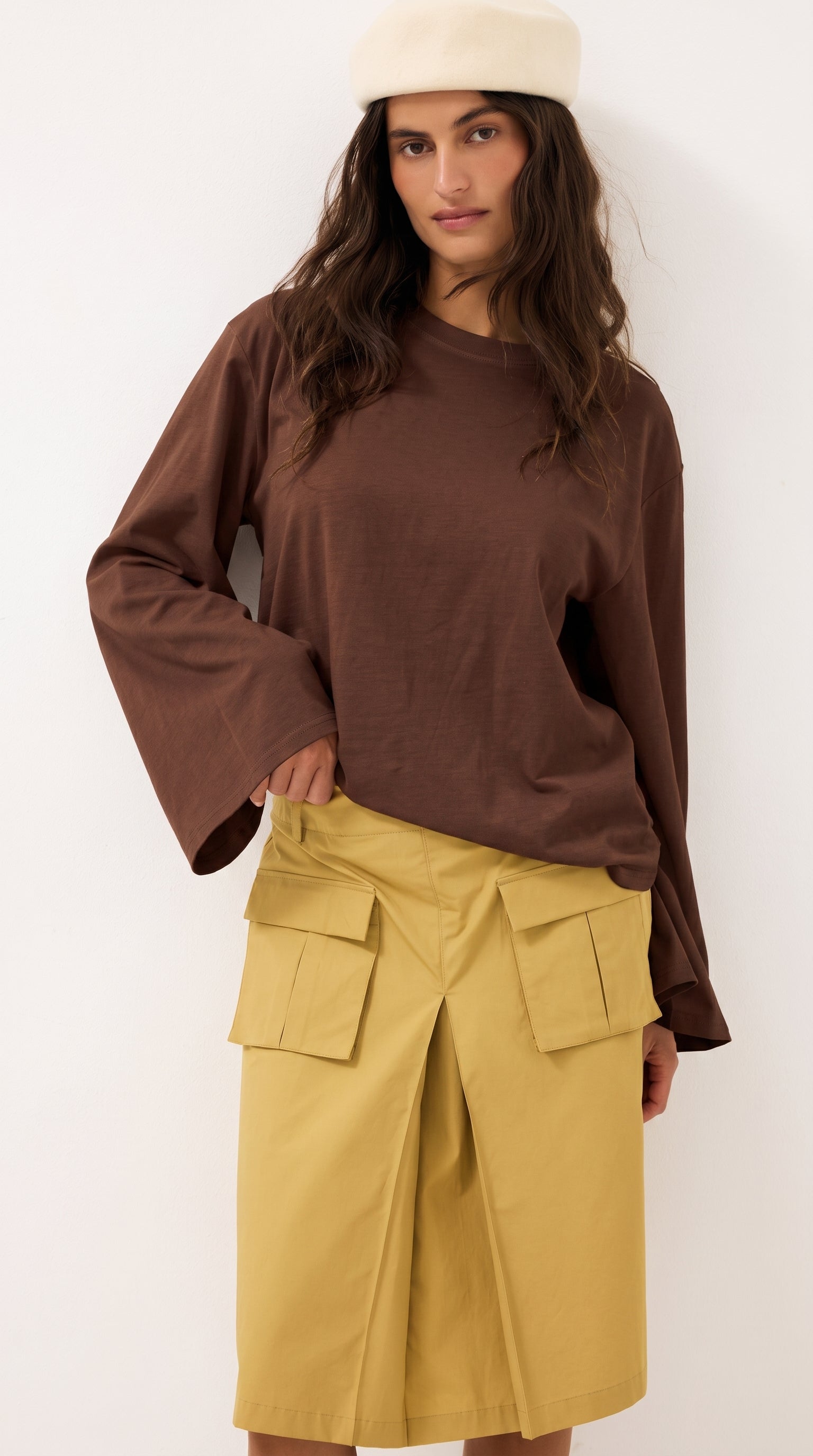 Oversized Long & Wide Sleeve Tee | Brown
