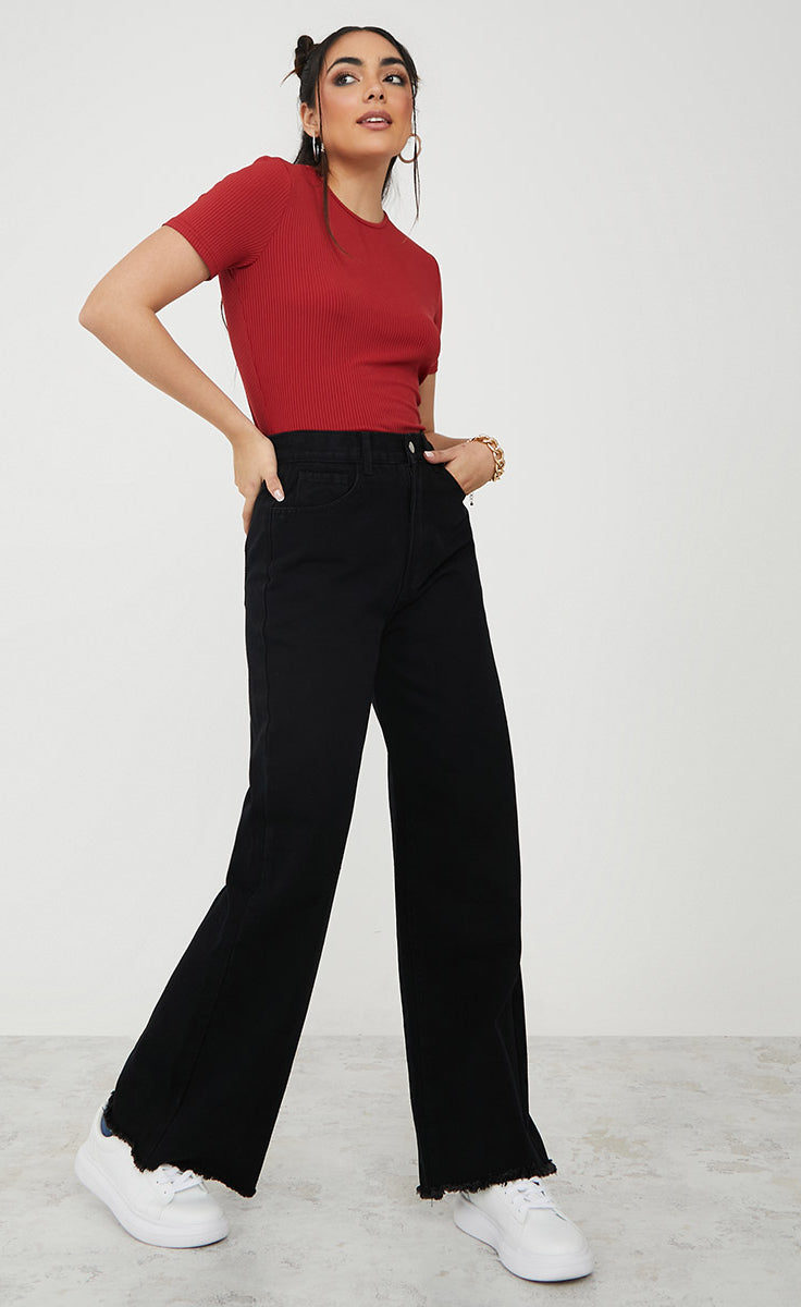 High Rise Frayed Hem Wide Leg Jeans