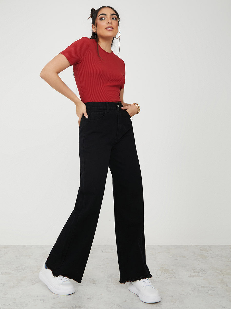 High Rise Frayed Hem Wide Leg Jeans