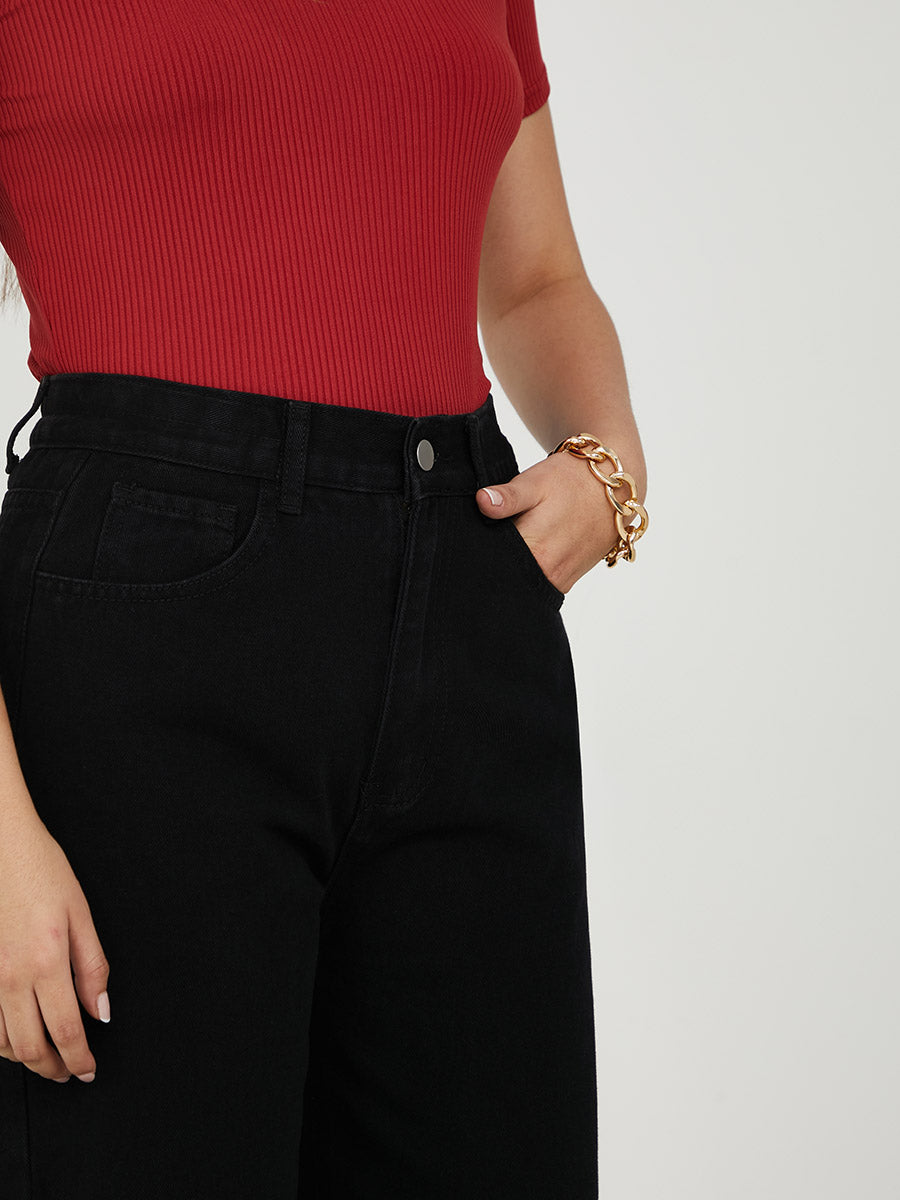 High Rise Frayed Hem Wide Leg Jeans