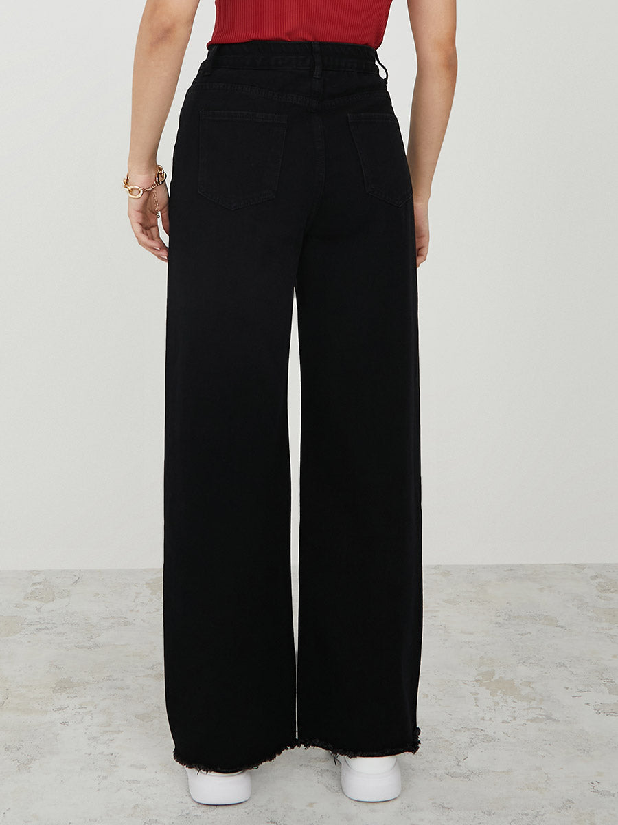 High Rise Frayed Hem Wide Leg Jeans